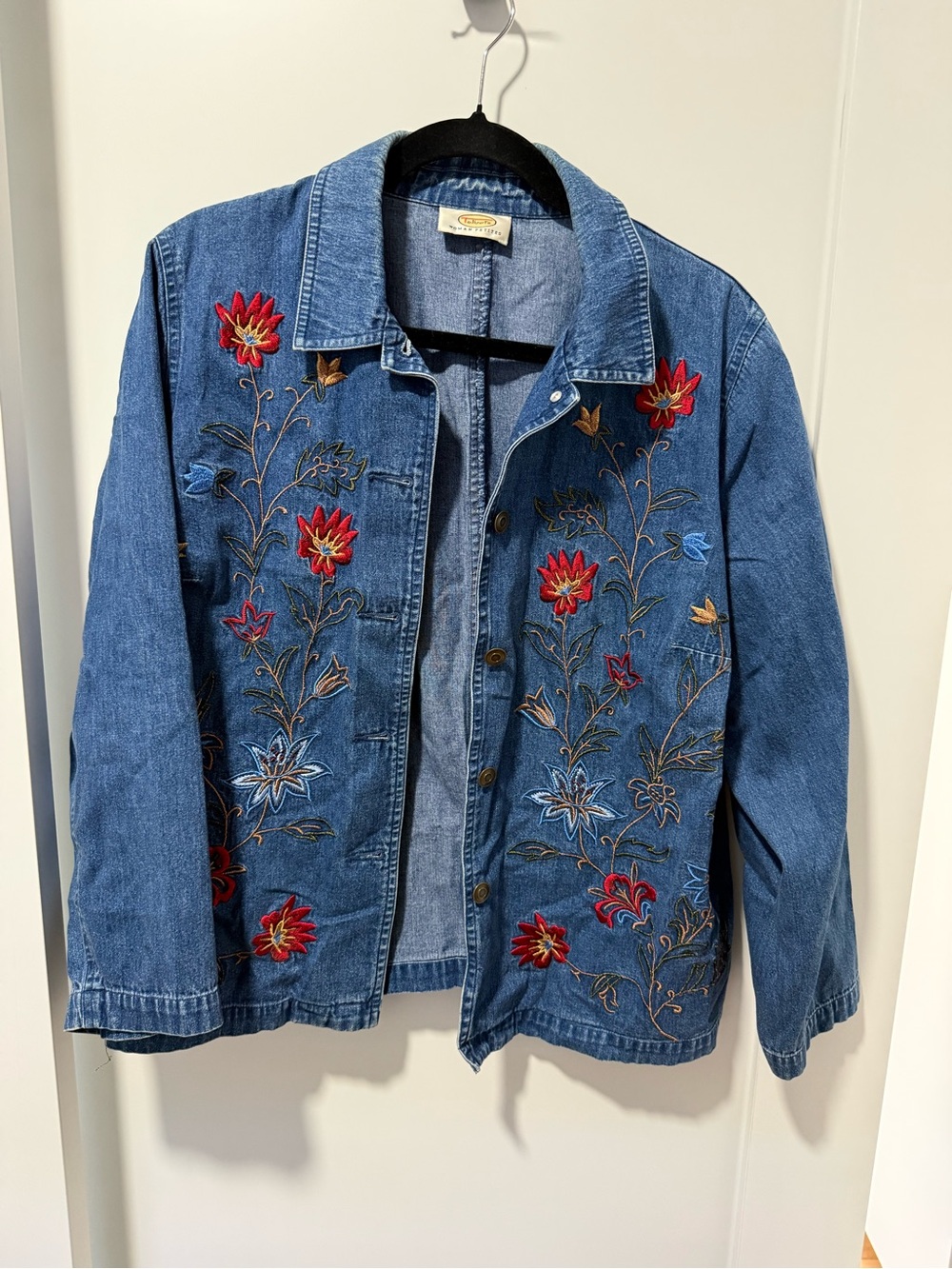Talbots Blue Denim Jacket with Red & Blue Floral Embroidery
